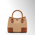 Borsa Maia Rafia Bambù mid - Rafia pelle Cuoio