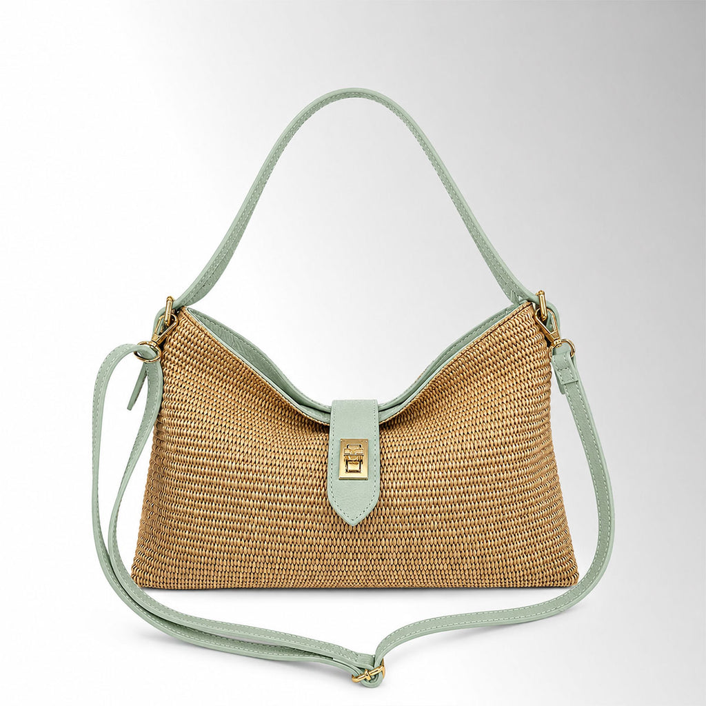 Borsa Zara in Rafia - Rafia pelle verde salvia